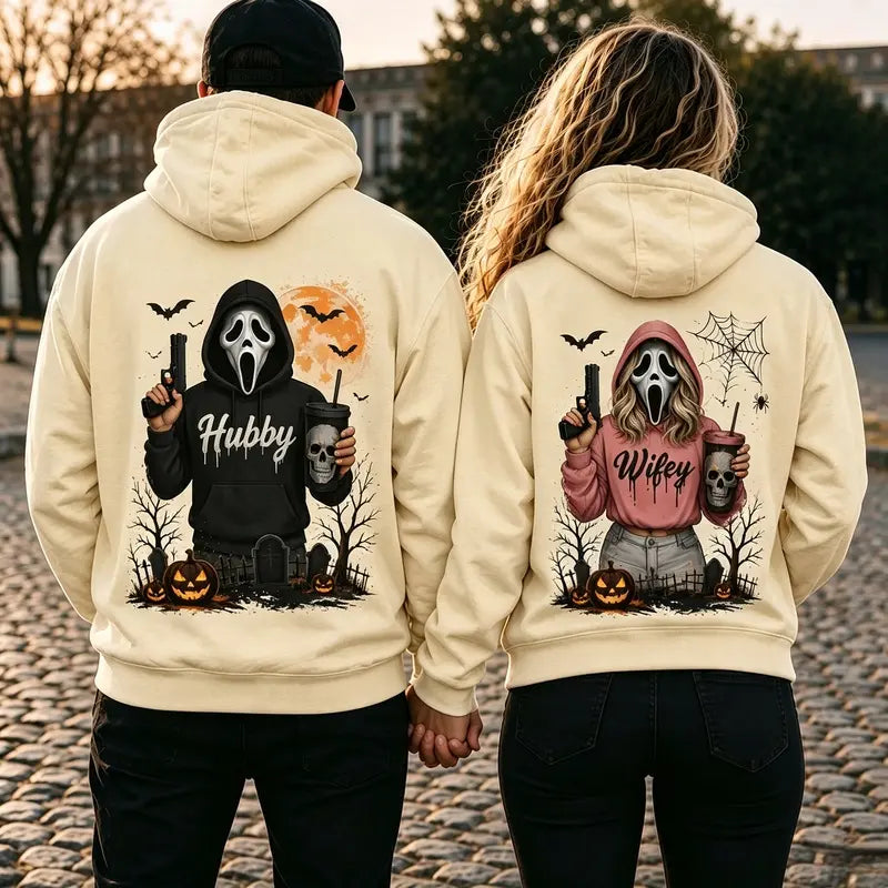 [A piece of clothing]Hubby Wifey Halloween Spooky Season Couple Matching Hoodies Casual Street Style Fleece Fabric Pullover Hooded Sweatshirt Tops Trendy for Women for Men