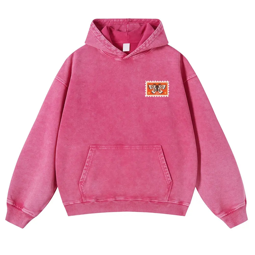 Unisex 380g Washed Brown Vintage Insect Stamp Print Cotton Pullover Hoodie - Soft, Oversize, Casual Longsleeves Tops, Vintage Clothing, 3XL Menswear Autumn Apparel, Cold Wash Compatible