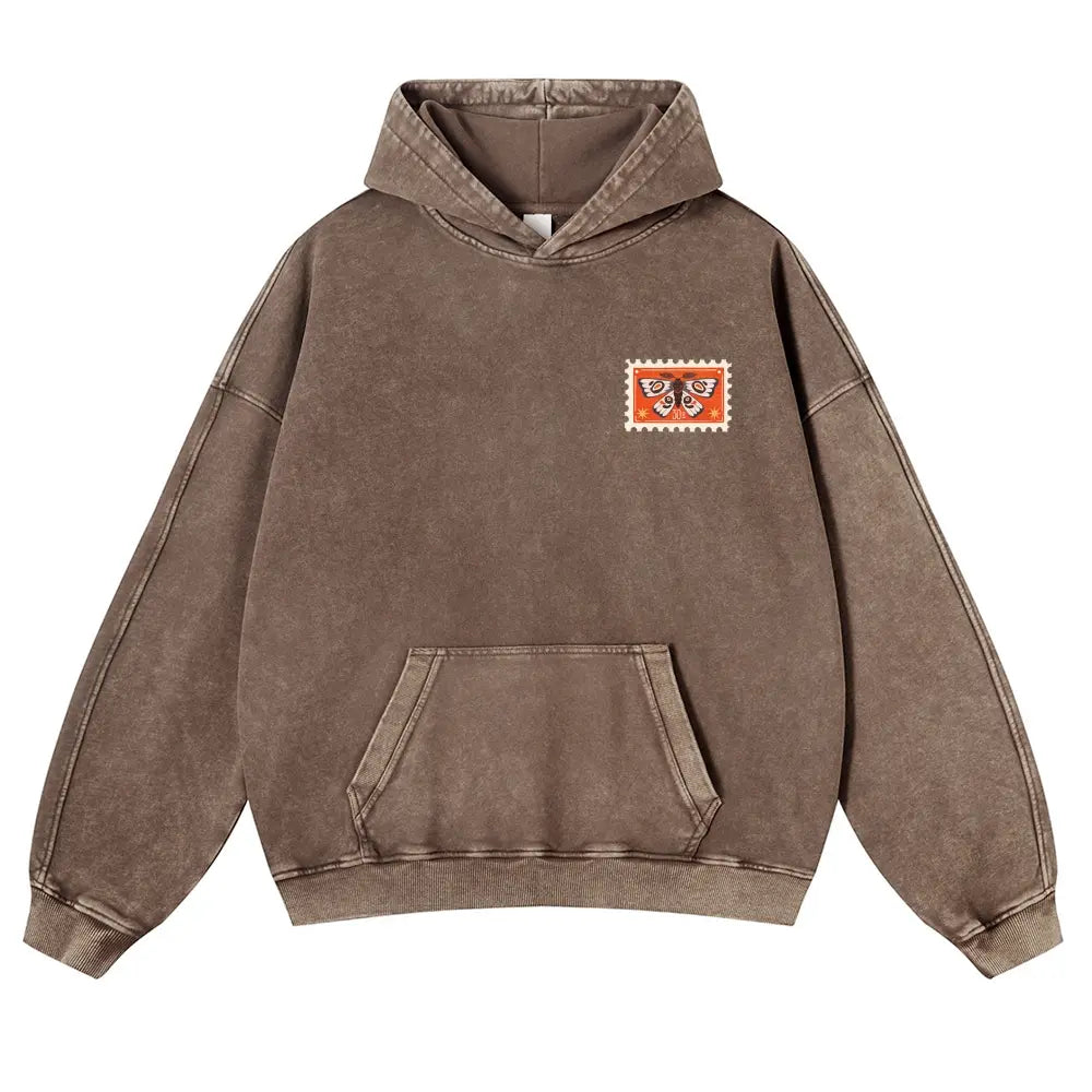 Unisex 380g Washed Brown Vintage Insect Stamp Print Cotton Pullover Hoodie - Soft, Oversize, Casual Longsleeves Tops, Vintage Clothing, 3XL Menswear Autumn Apparel, Cold Wash Compatible
