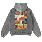 Unisex 380g Washed Brown Vintage Insect Stamp Print Cotton Pullover Hoodie - Soft, Oversize, Casual Longsleeves Tops, Vintage Clothing, 3XL Menswear Autumn Apparel, Cold Wash Compatible