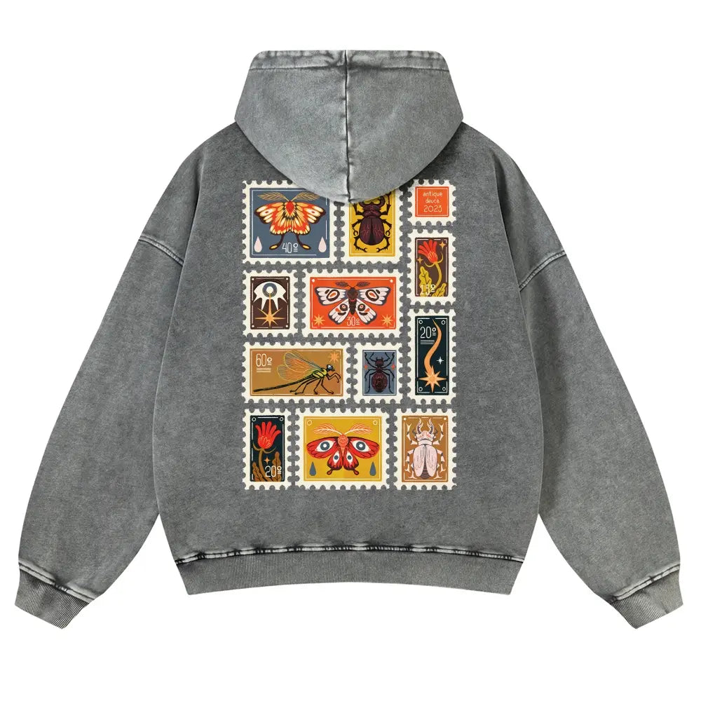 Unisex 380g Washed Brown Vintage Insect Stamp Print Cotton Pullover Hoodie - Soft, Oversize, Casual Longsleeves Tops, Vintage Clothing, 3XL Menswear Autumn Apparel, Cold Wash Compatible