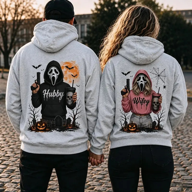 [A piece of clothing]Hubby Wifey Halloween Spooky Season Couple Matching Hoodies Casual Street Style Fleece Fabric Pullover Hooded Sweatshirt Tops Trendy for Women for Men