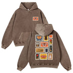 Unisex 380g Washed Brown Vintage Insect Stamp Print Cotton Pullover Hoodie - Soft, Oversize, Casual Longsleeves Tops, Vintage Clothing, 3XL Menswear Autumn Apparel, Cold Wash Compatible