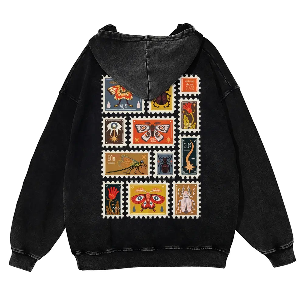 Unisex 380g Washed Brown Vintage Insect Stamp Print Cotton Pullover Hoodie - Soft, Oversize, Casual Longsleeves Tops, Vintage Clothing, 3XL Menswear Autumn Apparel, Cold Wash Compatible