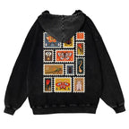 Unisex 380g Washed Brown Vintage Insect Stamp Print Cotton Pullover Hoodie - Soft, Oversize, Casual Longsleeves Tops, Vintage Clothing, 3XL Menswear Autumn Apparel, Cold Wash Compatible