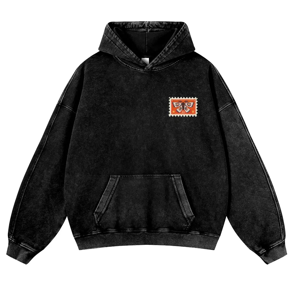 Unisex 380g Washed Brown Vintage Insect Stamp Print Cotton Pullover Hoodie - Soft, Oversize, Casual Longsleeves Tops, Vintage Clothing, 3XL Menswear Autumn Apparel, Cold Wash Compatible
