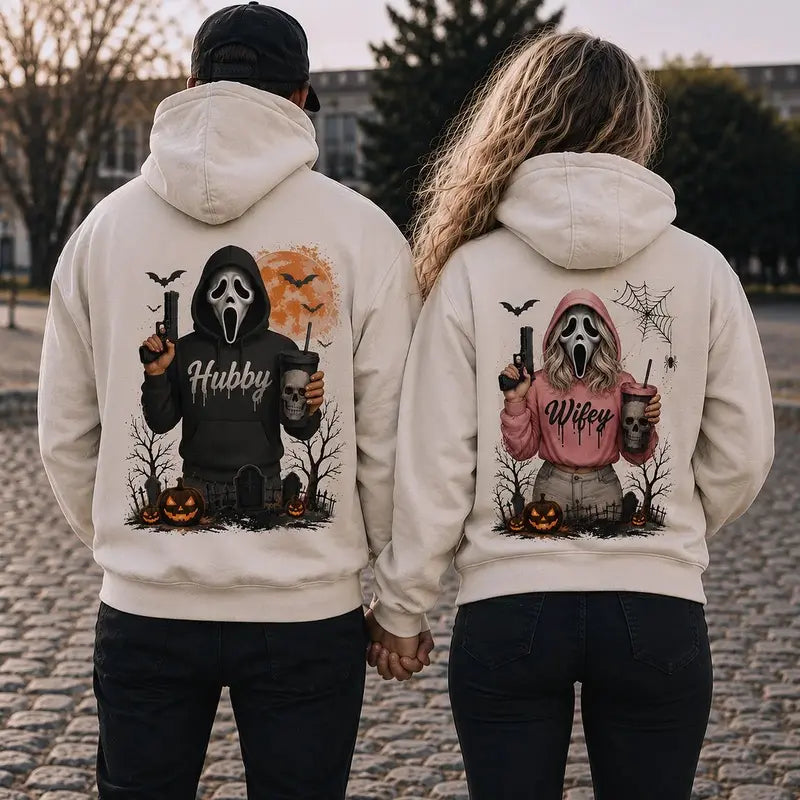 [A piece of clothing]Hubby Wifey Halloween Spooky Season Couple Matching Hoodies Casual Street Style Fleece Fabric Pullover Hooded Sweatshirt Tops Trendy for Women for Men