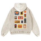 Unisex 380g Washed Brown Vintage Insect Stamp Print Cotton Pullover Hoodie - Soft, Oversize, Casual Longsleeves Tops, Vintage Clothing, 3XL Menswear Autumn Apparel, Cold Wash Compatible