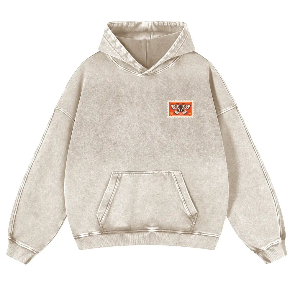Unisex 380g Washed Brown Vintage Insect Stamp Print Cotton Pullover Hoodie - Soft, Oversize, Casual Longsleeves Tops, Vintage Clothing, 3XL Menswear Autumn Apparel, Cold Wash Compatible