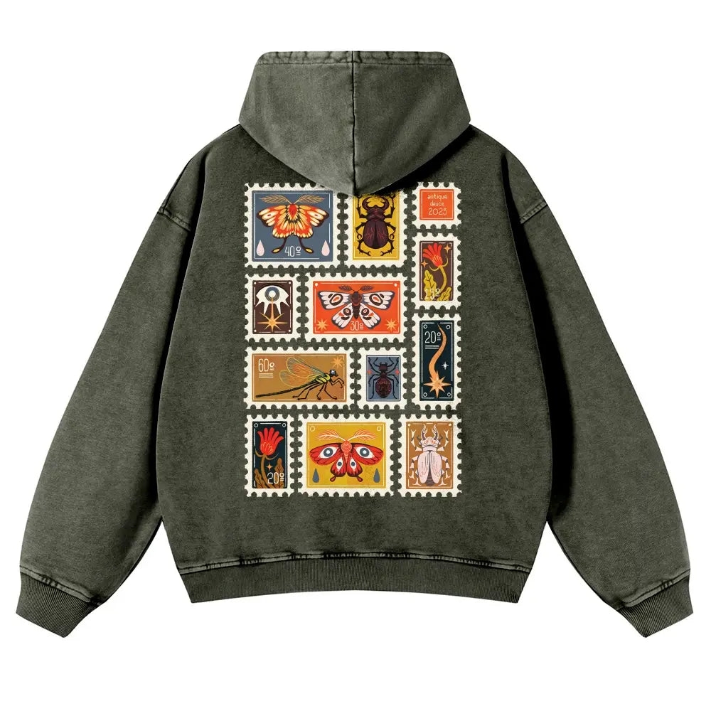 Unisex 380g Washed Brown Vintage Insect Stamp Print Cotton Pullover Hoodie - Soft, Oversize, Casual Longsleeves Tops, Vintage Clothing, 3XL Menswear Autumn Apparel, Cold Wash Compatible