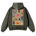 Unisex 380g Washed Brown Vintage Insect Stamp Print Cotton Pullover Hoodie - Soft, Oversize, Casual Longsleeves Tops, Vintage Clothing, 3XL Menswear Autumn Apparel, Cold Wash Compatible