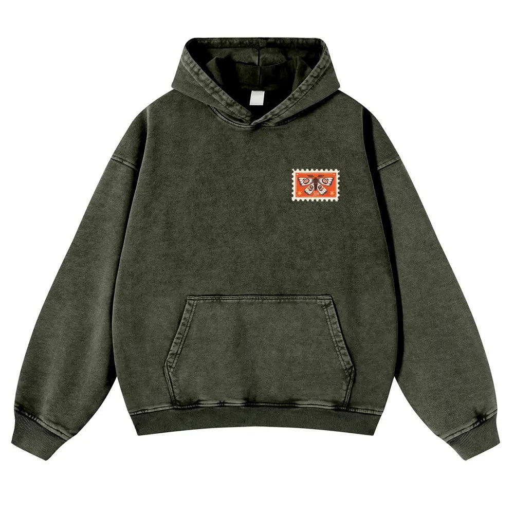 Unisex 380g Washed Brown Vintage Insect Stamp Print Cotton Pullover Hoodie - Soft, Oversize, Casual Longsleeves Tops, Vintage Clothing, 3XL Menswear Autumn Apparel, Cold Wash Compatible
